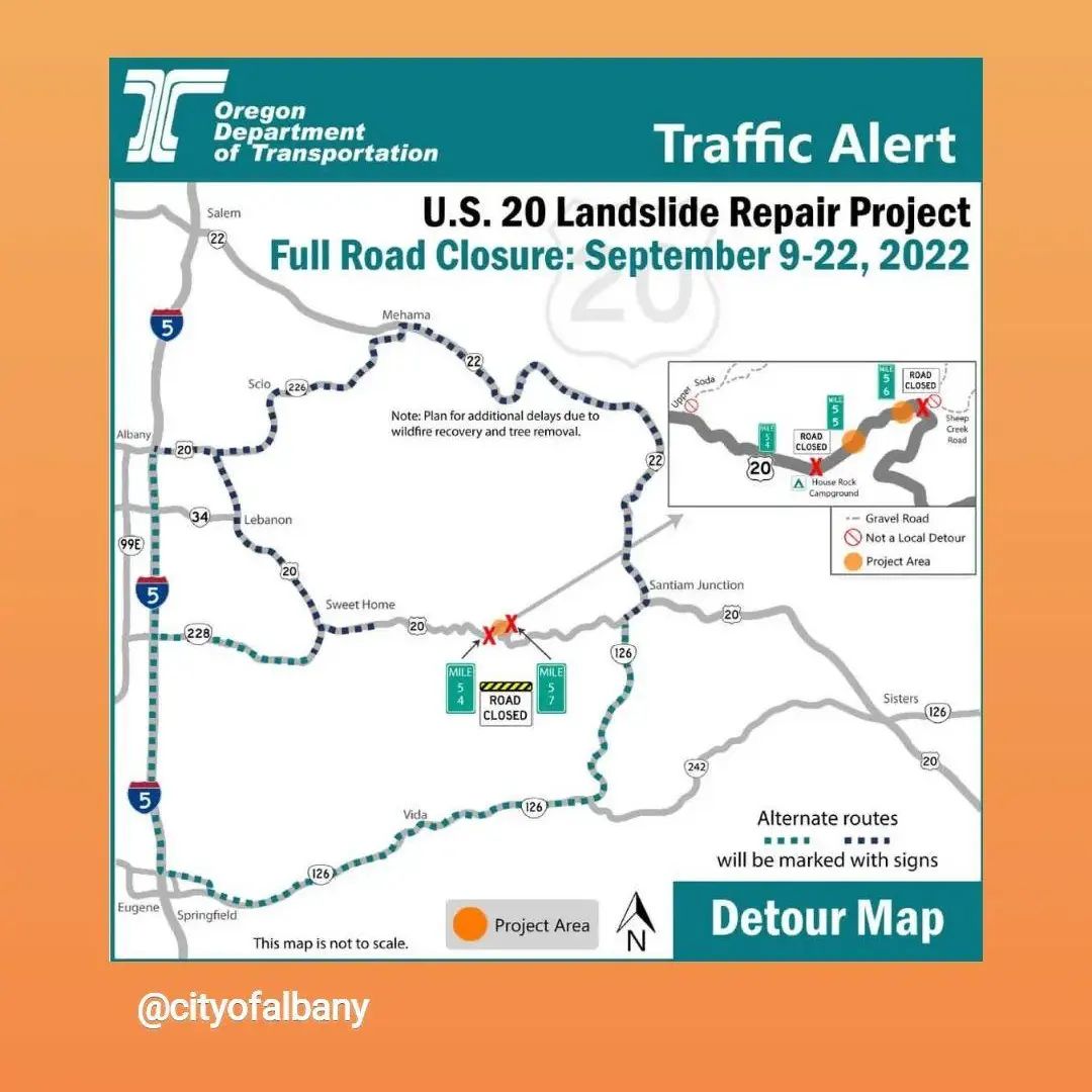 We are about a month away from a full highway closure on Highway 20! The highway will be closed from milepost 54-57 from September 9-22. Plan to use an alternate route and go visit ODOT's website for more information.
