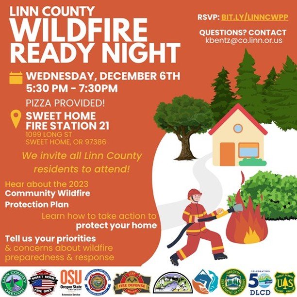 Linn County is hosting an evening to help provide information on keeping homes and communities safe before, during and after wildfire. They've been working with local partners to update the Community Wildfire Protection Plan, and this is a great opportunity to see what it includes and to provide input on your wildfire-related priorities. Please RSVP for this free event at bit.ly/linncwpp and we'll see you next month!