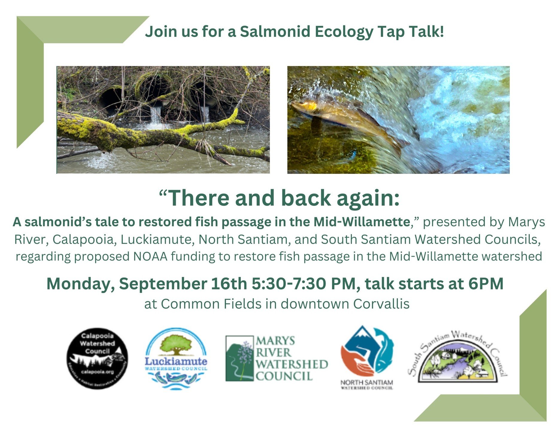 We're so excited to join our partners at @commonfields on Monday to share updates about the fish passage improvements we get to do with support from @noaafisheries! Like the whole Tap Talk series, this event is FREE and open to everyone. And doggos are welcome too!Come raise a pint (10% proceeds are donated to our work!) and join us for an evening of science and celebration! @northsantiam @calapooia_watershed_council @luckiamute_wc @marysriverwc #salmon #restoration #lovewhereyoulive #southsantiam#corvallisoregon